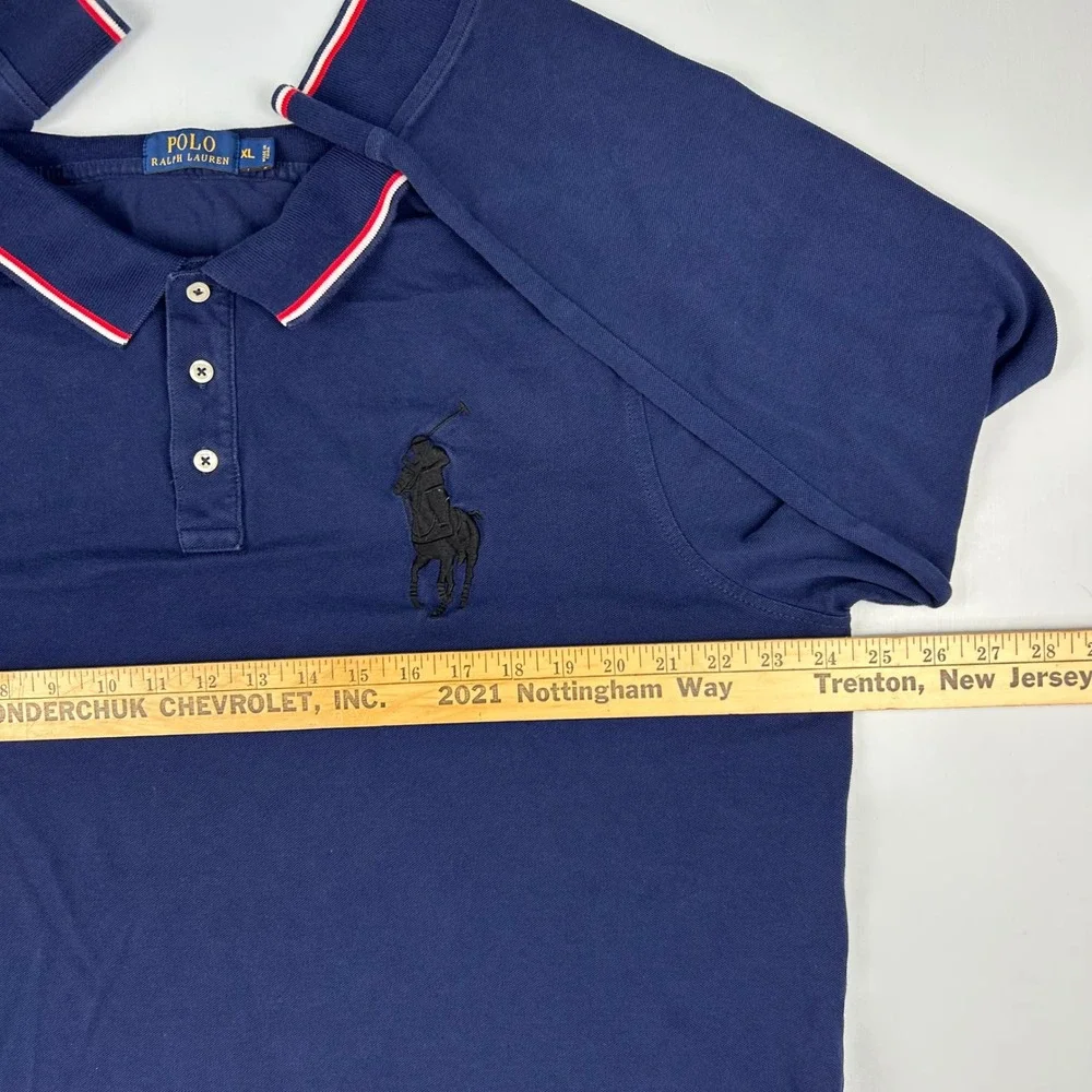 Polo Ralph Lauren Mens XL Navy Long Sleeve Big Pony Polo Shirt Red White Trim